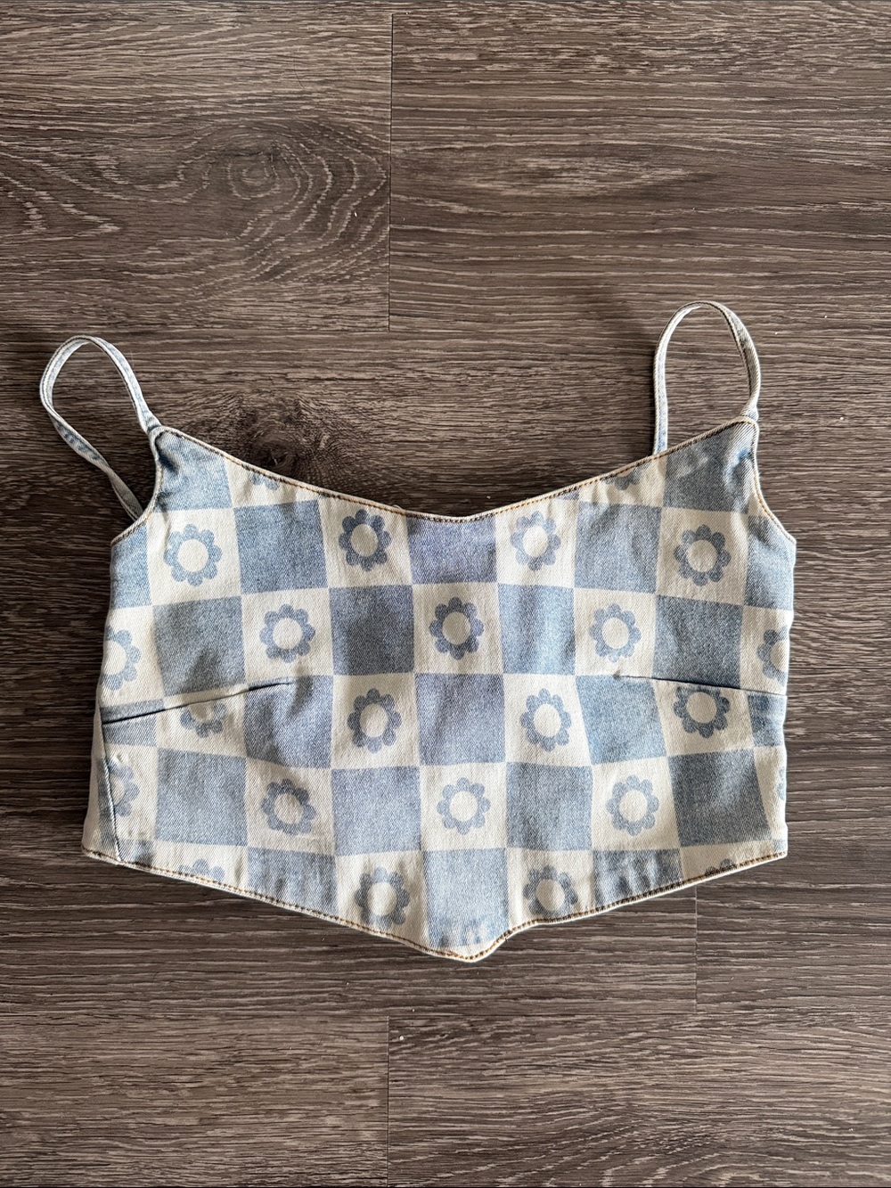 Balboa Blue Floral Checkerboard Cropped Pointed Top
